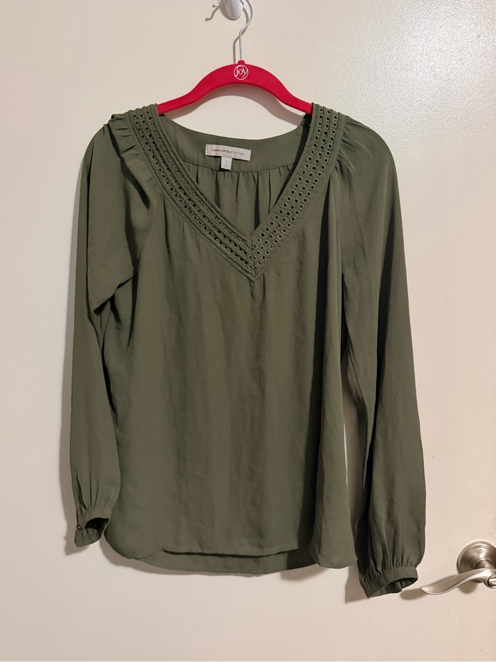 Banana Republic Olive Green V-Neck Crochet Trim Blouse